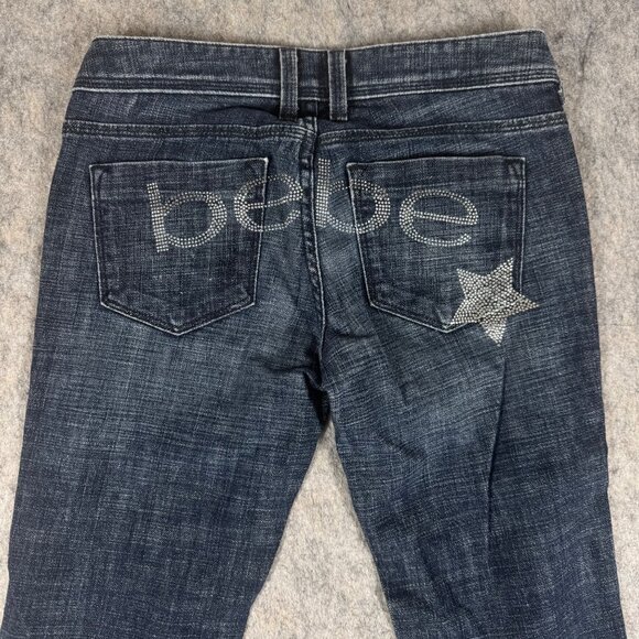 VTG Bebe Charlotte Star Flare Jeans Y2K Rhinestone Size 27 Dark Wash Low Rise - Picture 2 of 13